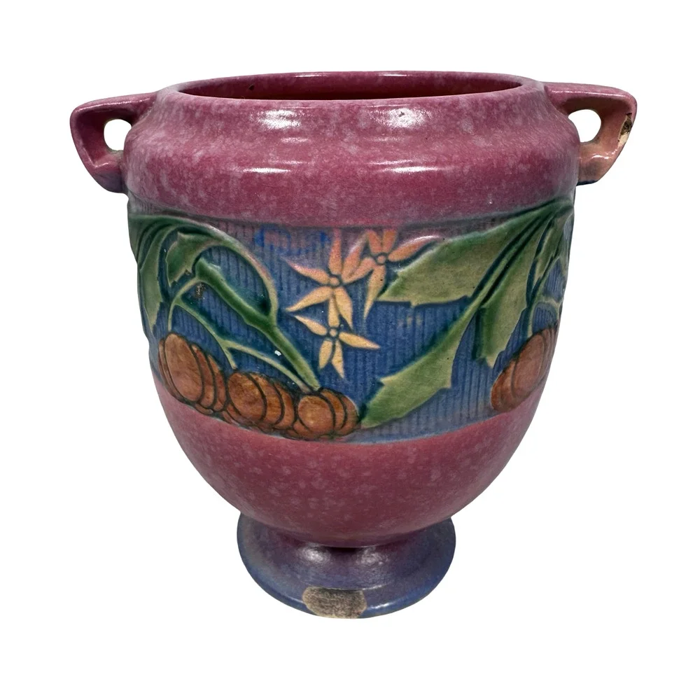 Vintage‎ Roseville Baneda Art Pottery Vase Pink Blue Floral Handles 606-7 READ